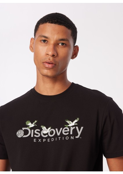 Siyah Erkek Bisiklet Yaka Basic Baskılı T-Shirt D4SM-TST3310