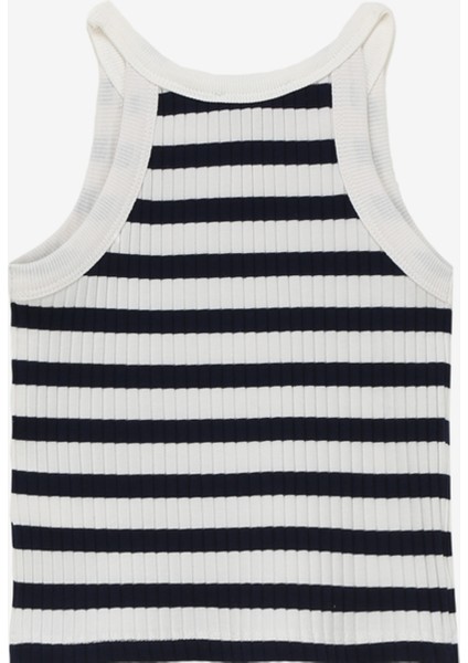 Ekru - Lacivert Kız Çocuk Bisiklet Yaka Crop Top Çizgili Atlet C4SG-TST4102 fiyatları