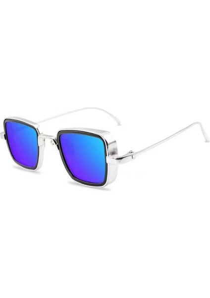 Güneş Gözlüğü Kare Çerçeve Gözlük Retro Kalın Kenarlı Metal Moda Erkek Güneş Gözlüğü Gümüş Açık Mavi (Yurt Dışından)