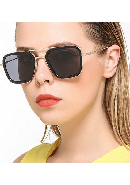 Erkekler ve Kadınlar Için Moda Çift Köprü Metal Güneş Gözlüğü Kişiselleştirilmiş Kare Çerçeve Güneş Gözlüğü Açık Anti-Uv Güneşlik 2/11 Çay Altın Çerçeve Degrade Çay (Yurt Dışından)