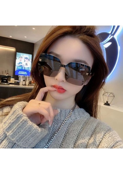 Güneş Gözlüğü H Trend Gözlük Moda Sokak Fotoğrafçılığı Büyük Çerçeve Yarım Çerçeve Kare Çerçeve Ins Güneş Gözlüğü Parlak Siyah Degrade Çay (Yurt Dışından)