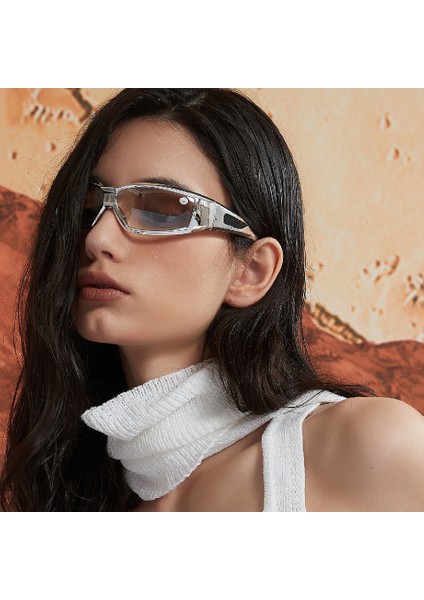 Büyük Çerçeveli Gözlükler, Kadınlar Için Fütüristik Güneş Gözlükleri, Ins Kişilik, Erkekler Için Gümüş Moda Güneş Gözlükleri, Gri Çerçeveler ve Kırmızı Filmler (Yurt Dışından)