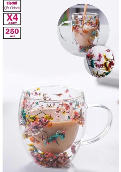 4'lü Çift Cidarlı Çiçekli Bardak 250ML Kahve Çay Bardağı El Yapımı Kulplu Borosilikat Cam Bardağı