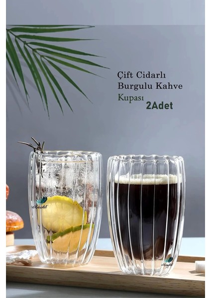 2'li Çift Cidarlı 450ML Isıya Dayanıklı Cam Bardak Sıcak Soğuk Burgulu Çay Süt Kahve Kupası Bardağı
