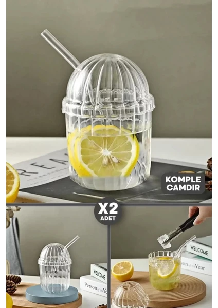 Berdina Home 2'li Kübbe Kapaklı Pipetli Bardak Isıya Dayanıklı Eggglass Iskandinav Kahve Sunum Bardağı 430ML Set