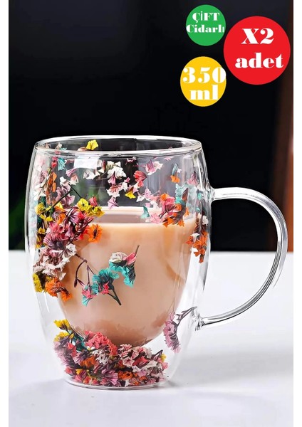 2li Çift Cidarlı Flower Cup 350ML Çiçekli Bardak Kahve Çay Bardağı El Yapımı Kulplu Cam Bardak Set