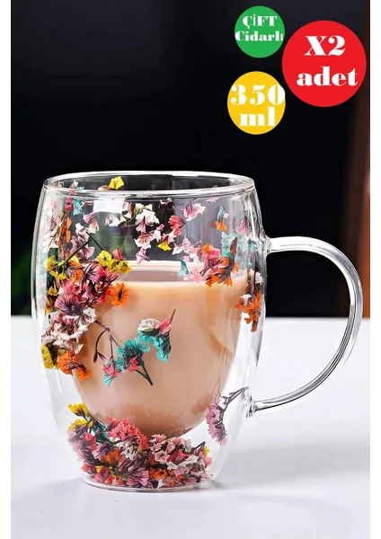 Berdina Home 2li Çift Cidarlı Flower Cup 350ML Çiçekli Bardak Kahve Çay Bardağı El Yapımı Kulplu Cam Bardak Set