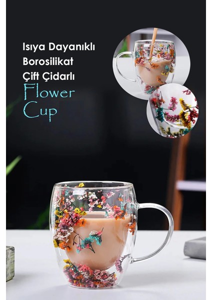 2li Çift Cidarlı Flower Cup 350ML Çiçekli Bardak Kahve Çay Bardağı El Yapımı Kulplu Cam Bardak Set