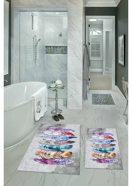 Dijital Baskılı Kaymaz Yıkanabilir Yaprak Ikili Banyo Takımı Klozet Takımı, N-Klozet-25-Gri,