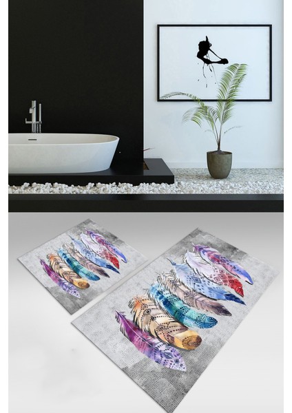 Dijital Baskılı Kaymaz Yıkanabilir Yaprak Ikili Banyo Takımı Klozet Takımı, N-Klozet-25-Gri,