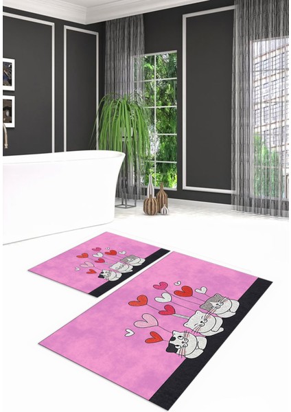 Dijital Baskılı Kaymaz Yıkanabilir Kedi Desen Ikili Banyo Takımı Klozet Takımı, N-Klozet-42-Pembe,