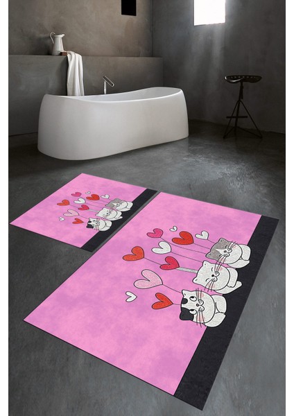 Dijital Baskılı Kaymaz Yıkanabilir Kedi Desen Ikili Banyo Takımı Klozet Takımı, N-Klozet-42-Pembe, modelleri