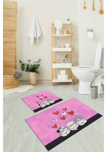 Dijital Baskılı Kaymaz Yıkanabilir Kedi Desen Ikili Banyo Takımı Klozet Takımı, N-Klozet-42-Pembe, indirimleri