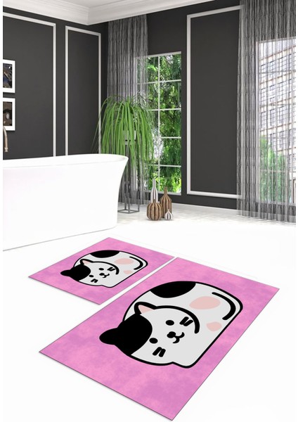Dijital Baskılı Kaymaz Yıkanabilir Kedi Desen Ikili Banyo Takımı Klozet Takımı, N-Klozet-43-Pembe,
