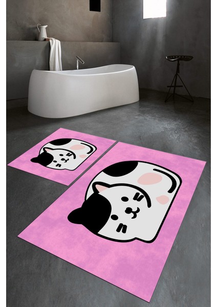 Dijital Baskılı Kaymaz Yıkanabilir Kedi Desen Ikili Banyo Takımı Klozet Takımı, N-Klozet-43-Pembe, modelleri