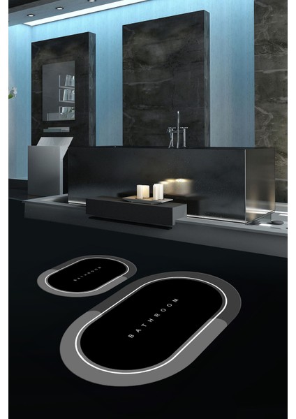 Dijital Baskılı Kaymaz Yıkanabilir Bathroom Oval Banyo Takımı Klozet Takımı, N-O-Klozet-01-Siyah, indirimleri