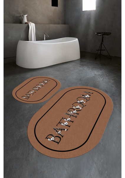 Dijital Baskılı Kaymaz Yıkanabilir Bathroom Oval Banyo Takımı Klozet Takımı, N-O-Klozet-06-Kahve,