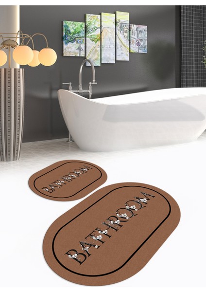 Dijital Baskılı Kaymaz Yıkanabilir Bathroom Oval Banyo Takımı Klozet Takımı, N-O-Klozet-06-Kahve,