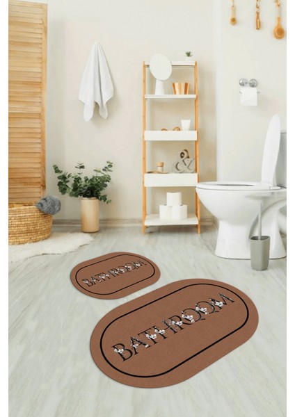 Dijital Baskılı Kaymaz Yıkanabilir Bathroom Oval Banyo Takımı Klozet Takımı, N-O-Klozet-06-Kahve,