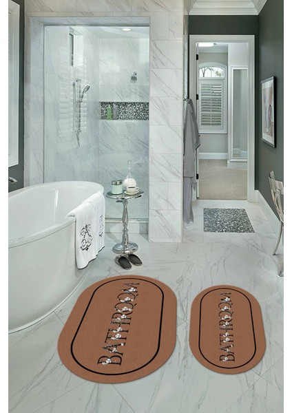 Dijital Baskılı Kaymaz Yıkanabilir Bathroom Oval Banyo Takımı Klozet Takımı, N-O-Klozet-06-Kahve,