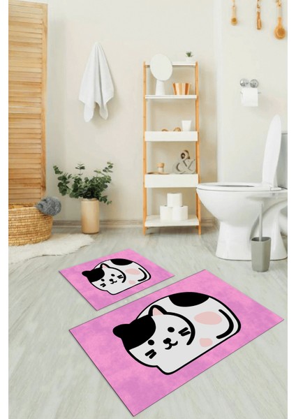Dijital Baskılı Kaymaz Yıkanabilir Kedi Desen Ikili Banyo Takımı Klozet Takımı, N-Klozet-43-Pembe, indirimleri