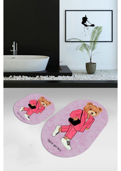 Dijital Baskılı Kaymaz Taban Yıkanabilir Oval Banyo Takımı Klozet Takımı, N-O-Klozet-34-Pembe,