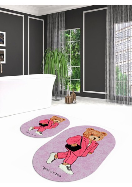 Dijital Baskılı Kaymaz Taban Yıkanabilir Oval Banyo Takımı Klozet Takımı, N-O-Klozet-34-Pembe,