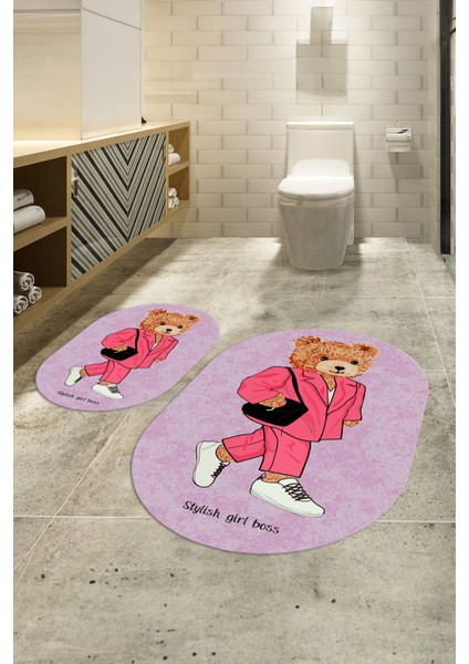 Dijital Baskılı Kaymaz Taban Yıkanabilir Oval Banyo Takımı Klozet Takımı, N-O-Klozet-34-Pembe,