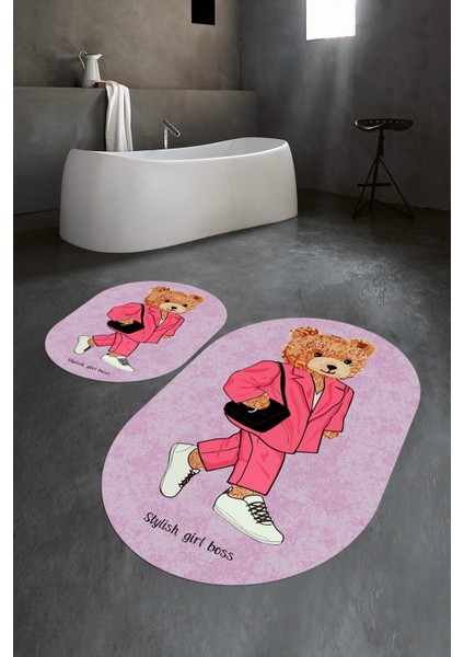 Dijital Baskılı Kaymaz Taban Yıkanabilir Oval Banyo Takımı Klozet Takımı, N-O-Klozet-34-Pembe,