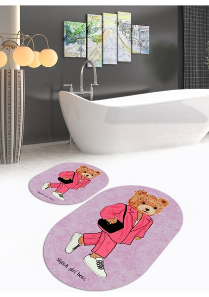 Dijital Baskılı Kaymaz Taban Yıkanabilir Oval Banyo Takımı Klozet Takımı, N-O-Klozet-34-Pembe,