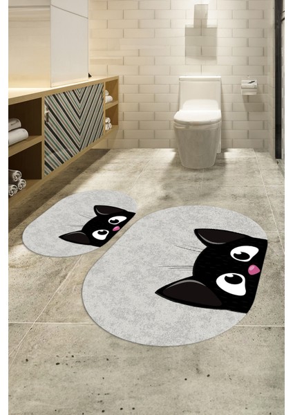 Dijital Kaymaz Yıkanabilir Kedi Desen Oval Banyo Takımı Klozet Takımı, N-O-Klozet-40-Gri,