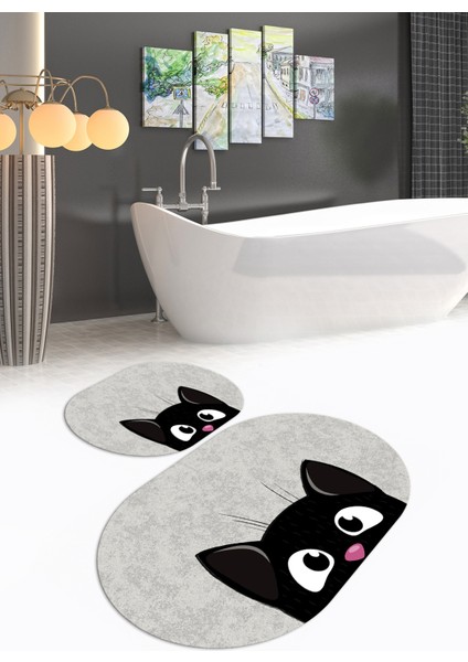 Dijital Kaymaz Yıkanabilir Kedi Desen Oval Banyo Takımı Klozet Takımı, N-O-Klozet-40-Gri,