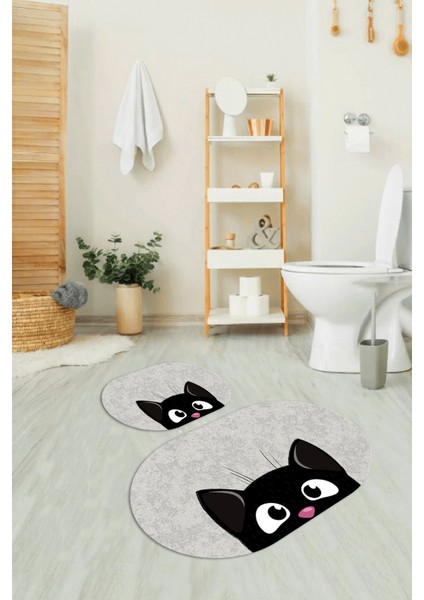 Dijital Kaymaz Yıkanabilir Kedi Desen Oval Banyo Takımı Klozet Takımı, N-O-Klozet-40-Gri,