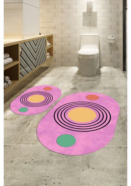 Dijital Baskılı Kaymaz Taban Yıkanabilir Oval Banyo Takımı Klozet Takımı, N-O-Klozet-49-Pembe,