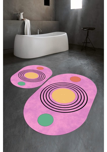 Dijital Baskılı Kaymaz Taban Yıkanabilir Oval Banyo Takımı Klozet Takımı, N-O-Klozet-49-Pembe,