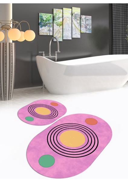 Dijital Baskılı Kaymaz Taban Yıkanabilir Oval Banyo Takımı Klozet Takımı, N-O-Klozet-49-Pembe,