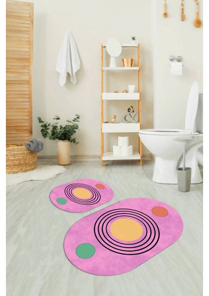 Dijital Baskılı Kaymaz Taban Yıkanabilir Oval Banyo Takımı Klozet Takımı, N-O-Klozet-49-Pembe,