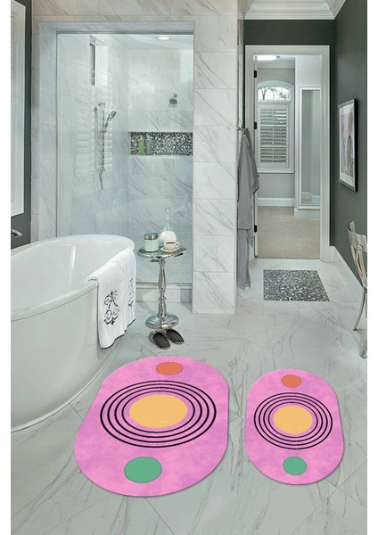 Dijital Baskılı Kaymaz Taban Yıkanabilir Oval Banyo Takımı Klozet Takımı, N-O-Klozet-49-Pembe,