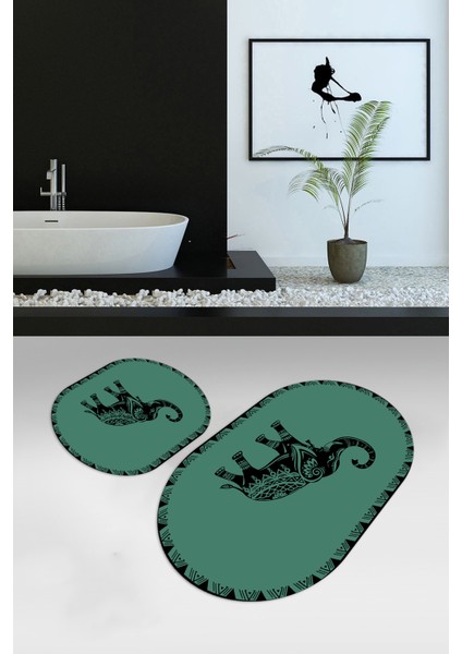 Dijital Baskılı Kaymaz Yıkanabilir Fil Desen Oval Banyo Takımı Klozet Takımı, N-O-Klozet-32-Yeşil, fiyatları