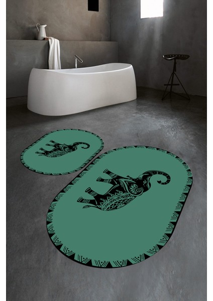 Dijital Baskılı Kaymaz Yıkanabilir Fil Desen Oval Banyo Takımı Klozet Takımı, N-O-Klozet-32-Yeşil, indirimleri