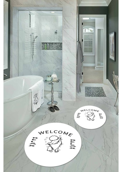 Dijital Baskılı Kaymaz Yıkanabilir Welcome Yuvarlak Ikili Banyo Takımı, N-Y-Klozet-11-Beyaz, modelleri