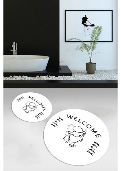 Dijital Baskılı Kaymaz Yıkanabilir Welcome Yuvarlak Ikili Banyo Takımı, N-Y-Klozet-11-Beyaz, indirimleri