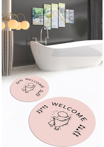 Dijital Baskılı Kaymaz Yıkanabilir Welcome Yuvarlak Ikili Banyo Takımı, N-Y-Klozet-11-Pembe,