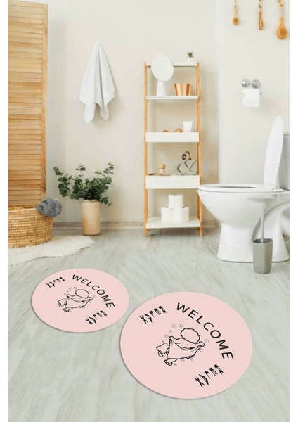 Dijital Baskılı Kaymaz Yıkanabilir Welcome Yuvarlak Ikili Banyo Takımı, N-Y-Klozet-11-Pembe, fiyatları