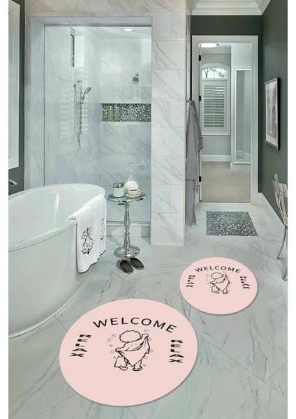 Dijital Baskılı Kaymaz Yıkanabilir Welcome Yuvarlak Ikili Banyo Takımı, N-Y-Klozet-11-Pembe, modelleri