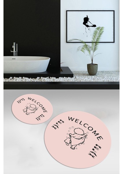Dijital Baskılı Kaymaz Yıkanabilir Welcome Yuvarlak Ikili Banyo Takımı, N-Y-Klozet-11-Pembe, indirimleri