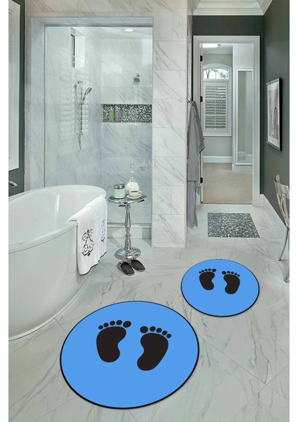 Dijital Baskılı Kaymaz Yıkanabilir Ayak Desen Yuvarlak Ikili Banyo Takımı, N-Y-Klozet-21-Mavi,
