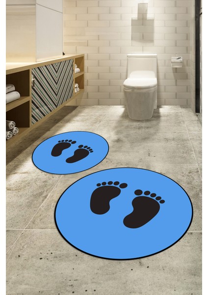 Dijital Baskılı Kaymaz Yıkanabilir Ayak Desen Yuvarlak Ikili Banyo Takımı, N-Y-Klozet-21-Mavi, indirimleri