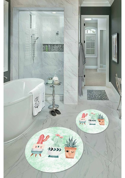 Dijital Baskılı Kaymaz Yıkanabilir Kaktüs Yuvarlak Ikili Banyo Takımı, N-Y-Klozet-24-Yeşil,