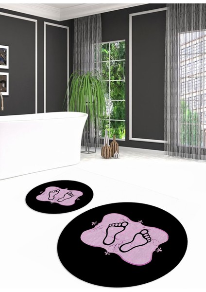 Dijital Baskılı Kaymaz Yıkanabilir Ayak Desen Yuvarlak Ikili Banyo Takımı, N-Y-Klozet-20-Pembe, indirimleri